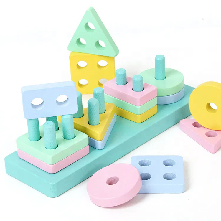 Sortator Montessori din Lemn cu 4 Forme Geometrice și Culori Pastel [3]