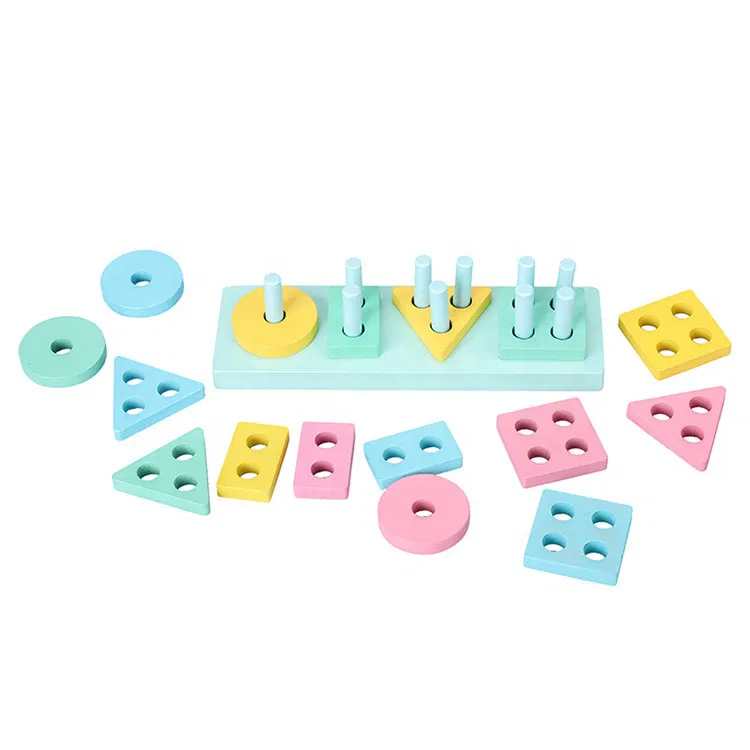 Sortator Montessori din Lemn cu 4 Forme Geometrice și Culori Pastel [13]