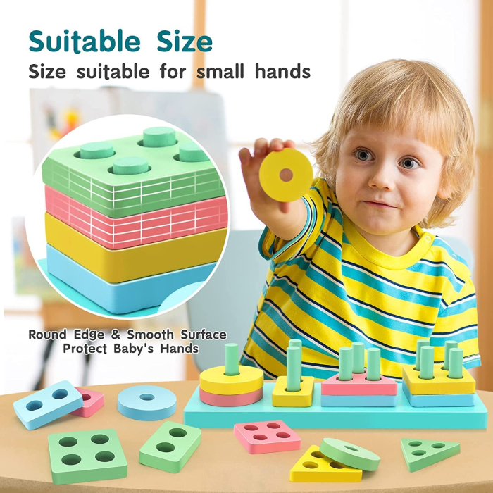 Sortator Montessori din Lemn cu 4 Forme Geometrice și Culori Pastel [12]