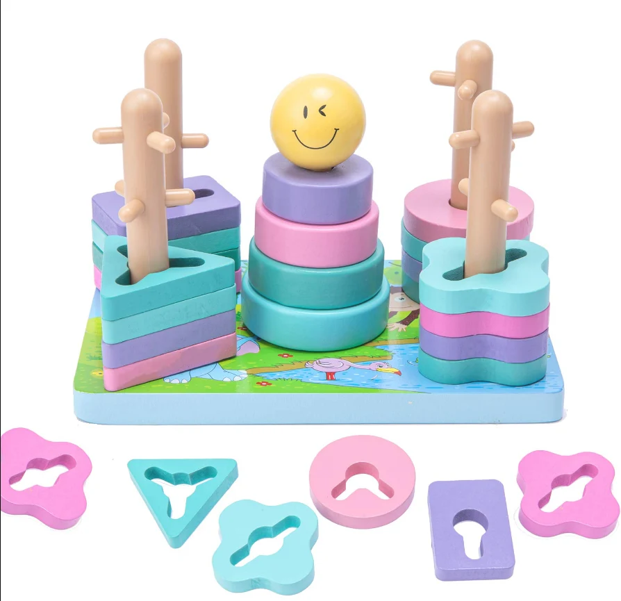 Sortator Montessori din Lemn cu 5 Coloane și Forme Geometrice Pastel [1]