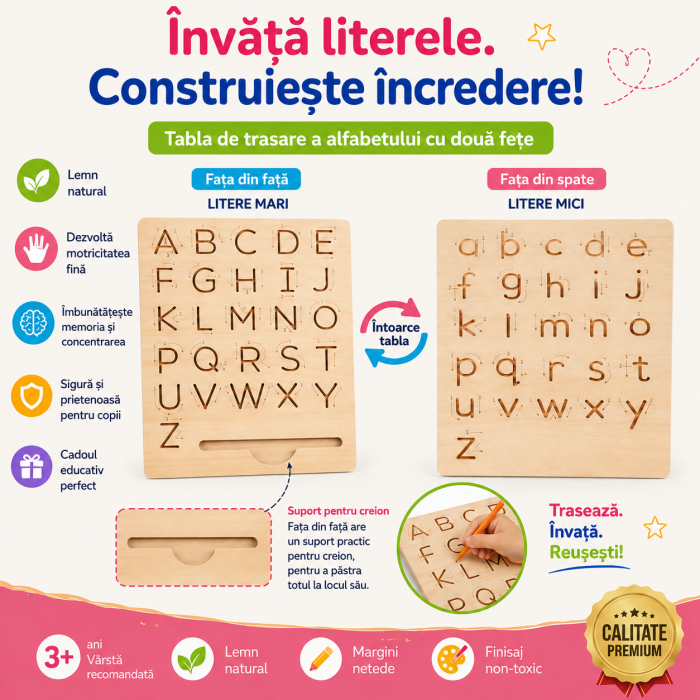 Tablă Montessori din Lemn pentru Trasarea Literelor A-Z cu Creion [3]