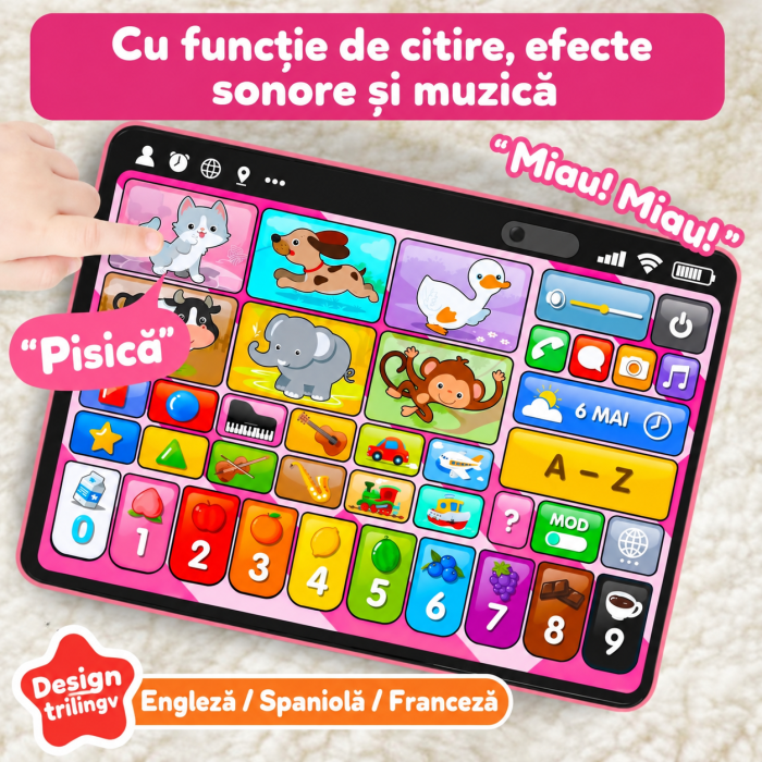 Tabletă Educativă Interactivă Roz în Limba Engleză pentru Copii cu Sunete, Muzică, Animale, Cifre și Alfabet [7]