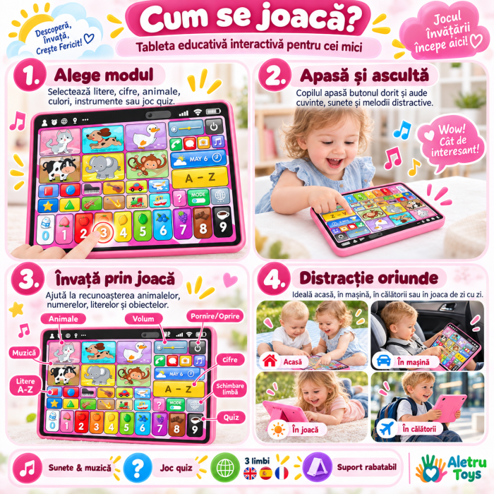 Tabletă Educativă Interactivă Roz în Limba Engleză pentru Copii cu Sunete, Muzică, Animale, Cifre și Alfabet [3]