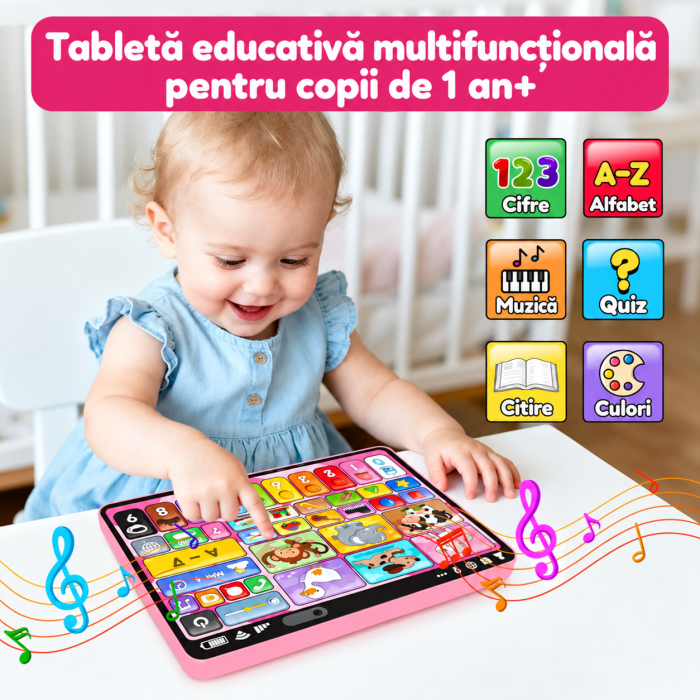 Tabletă Educativă Interactivă Roz în Limba Engleză pentru Copii cu Sunete, Muzică, Animale, Cifre și Alfabet [6]