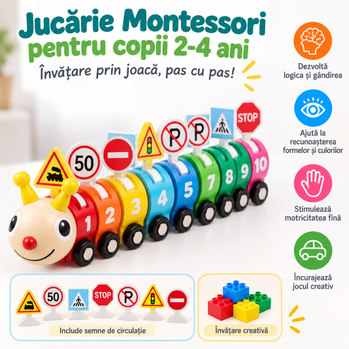 Tren Montessori din Lemn cu Cifre și Semne de Circulație [4]