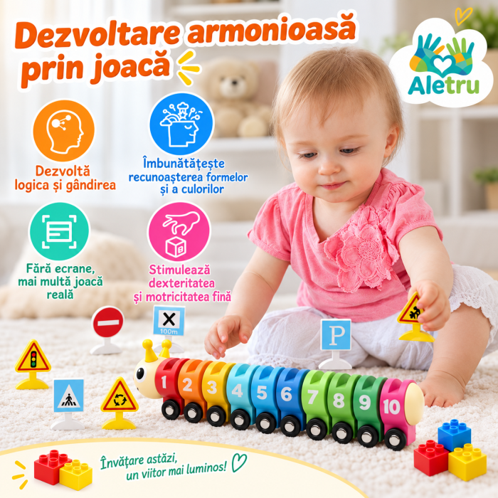 Tren Montessori din Lemn cu Cifre și Semne de Circulație [13]