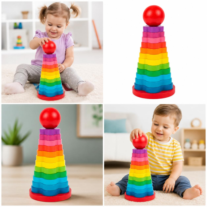 Turn Montessori Curcubeu din Lemn cu 12 Piese Colorate și Bilă [2]