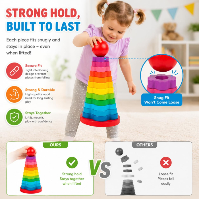 Turn Montessori Curcubeu din Lemn cu 12 Piese Colorate și Bilă [8]