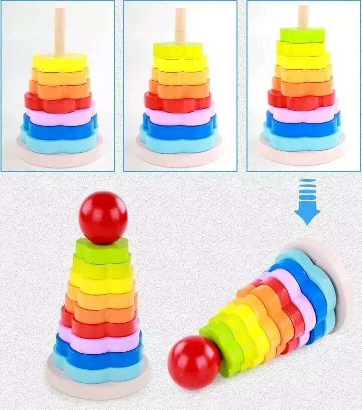 Turn Montessori Curcubeu din Lemn cu 12 Piese Colorate și Bilă [5]