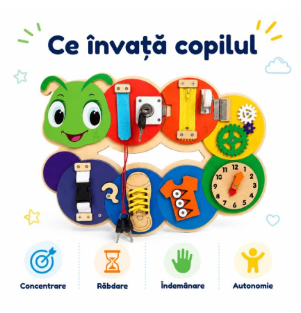 Placă Montessori Busy Board Omidă din Lemn cu 7 Activități – Încuietori, Fermoar, Șiret și Ceas, 3+ ani [3]
