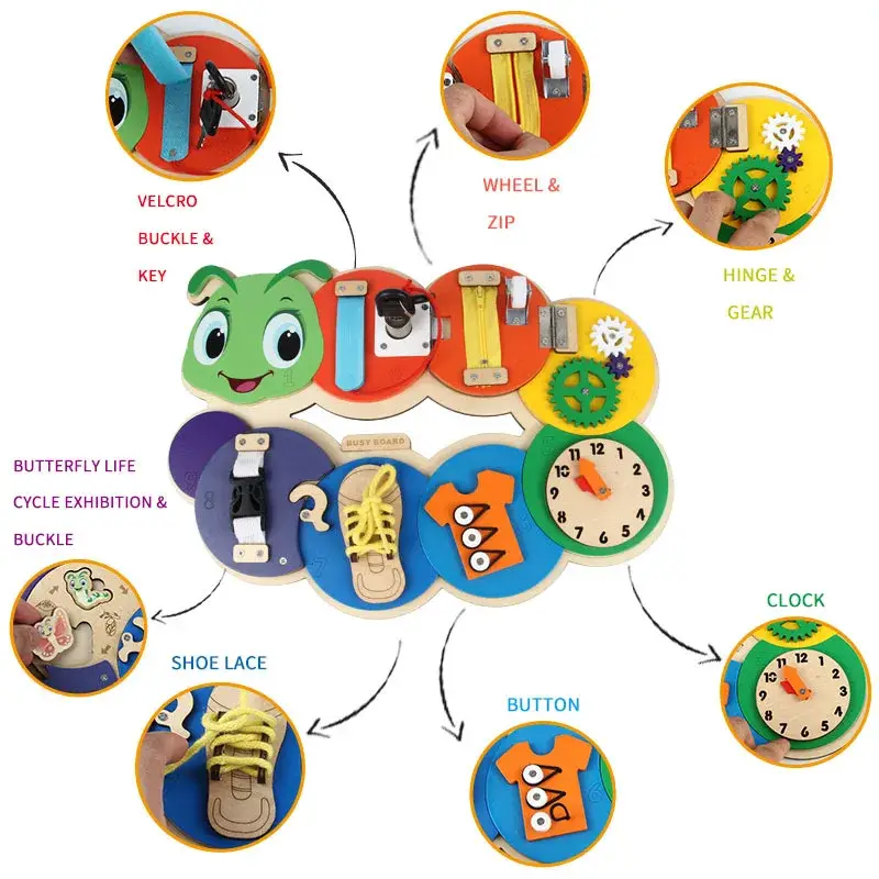 Placă Montessori Busy Board Omidă din Lemn cu 7 Activități – Încuietori, Fermoar, Șiret și Ceas, 3+ ani [15]