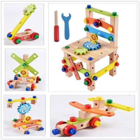 Banc de Lucru din Lemn cu Scăunel de Asamblat și Unelte, Set STEM 49 Piese, Joc Educativ de Construcție și Motricitate, 3+ ani [3]
