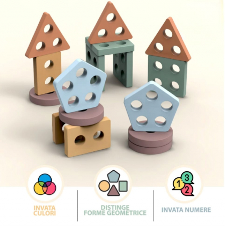 Sortator forme geometrice cu 5 coloane, de tip Montessori, Nordic Geometric Stacker, 20 piese lemn [1]