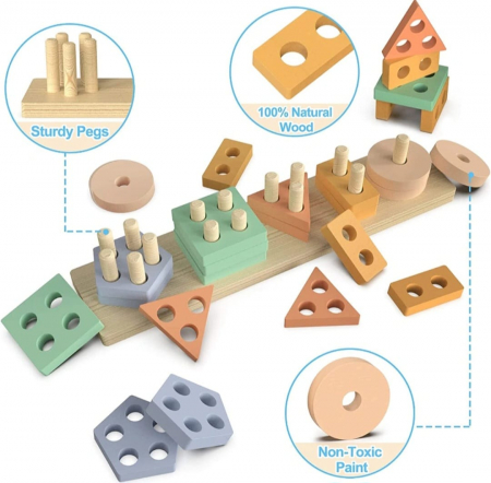 Sortator forme geometrice cu 5 coloane, de tip Montessori, Nordic Geometric Stacker, 20 piese lemn [7]