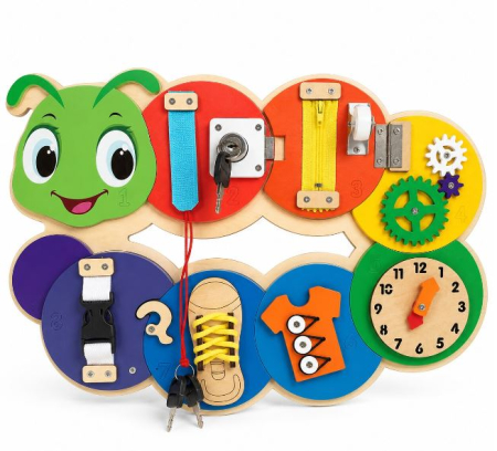 3 ani + - Placă Montessori Busy Board Omidă din Lemn cu 7 Activități – Încuietori, Fermoar, Șiret și Ceas, 3+ ani