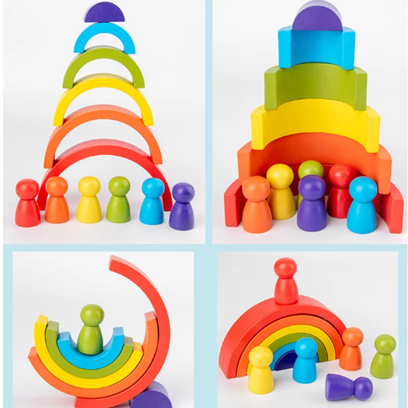 Jucărie Montessori Curcubeu din Lemn cu 6 Semicercuri și 6 Pioni Rainbow, Joc de Construcție și Stivuire, 3+ ani [1]