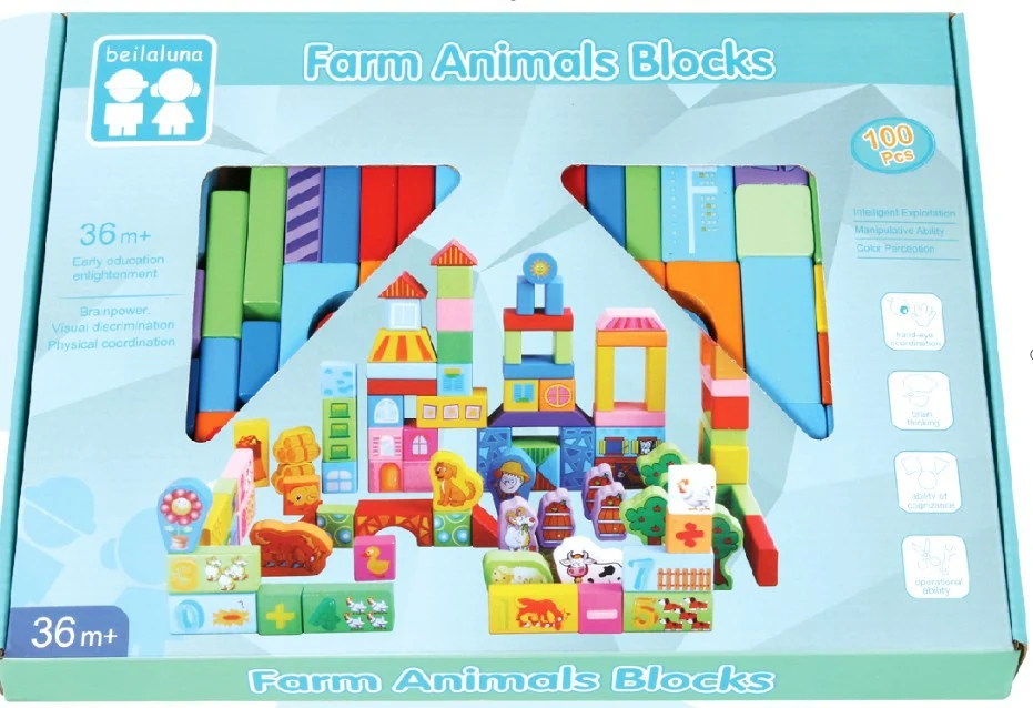 Set 100 Cuburi de Construcție din Lemn Ferma Animalelor Beilaluna [2]
