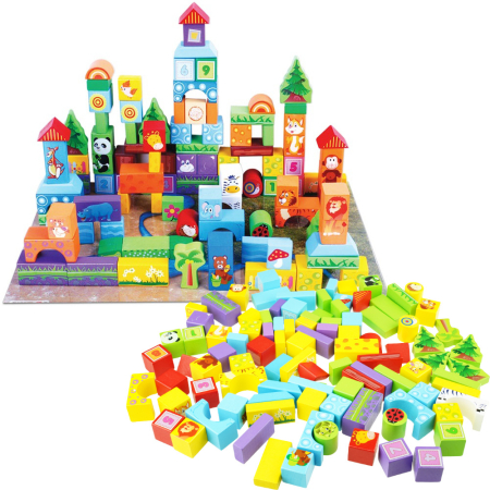 3 ani + - Set 100 Cuburi de Construcție din Lemn Beilaluna cu Animale Sălbatice, Joc Montessori Educativ, 3+ ani