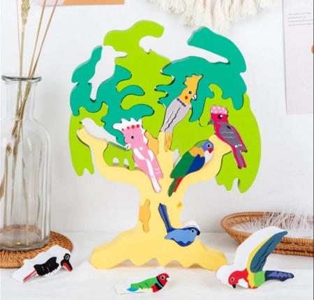 Joc puzzle 3D din lemn, Copac cu pasari, 18 piese, 38 x 28 cm, multicolor [3]