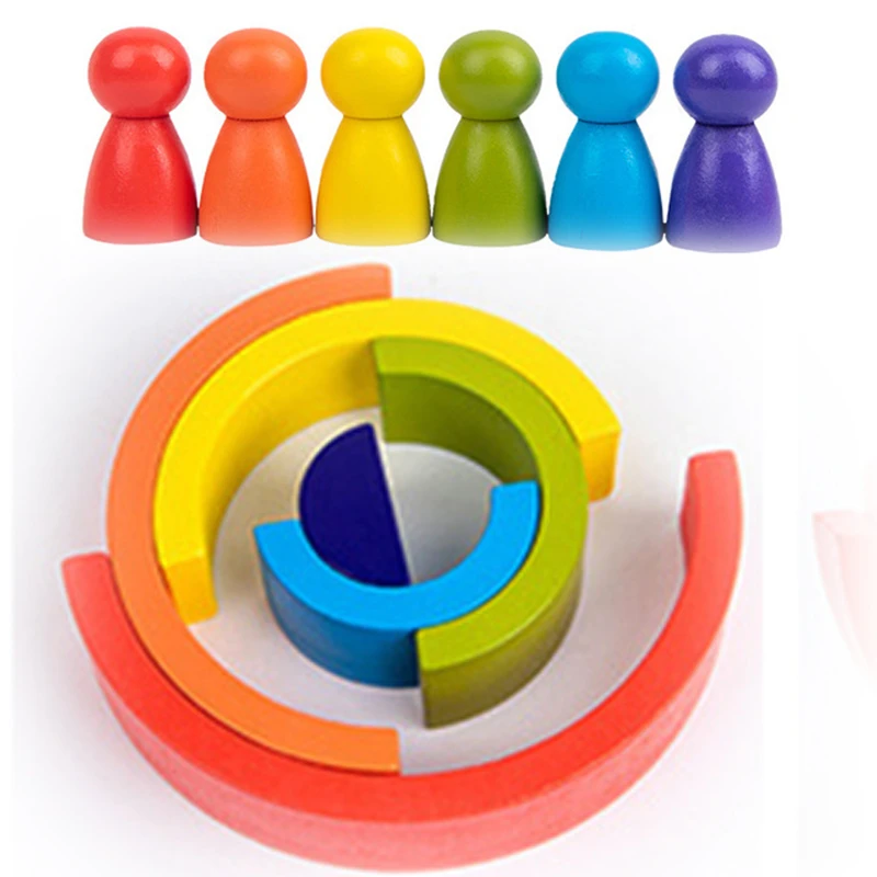 Jucărie Montessori Curcubeu din Lemn cu 6 Semicercuri și 6 Pioni Rainbow, Joc de Construcție și Stivuire, 3+ ani [15]