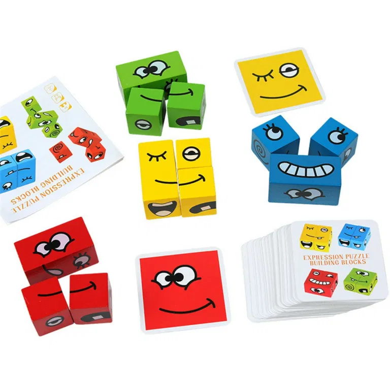 Puzzle Montessori din Lemn cu Emoții și Expresii Faciale, 12 Cuburi și 50 Carduri Provocare, 3+ ani [16]