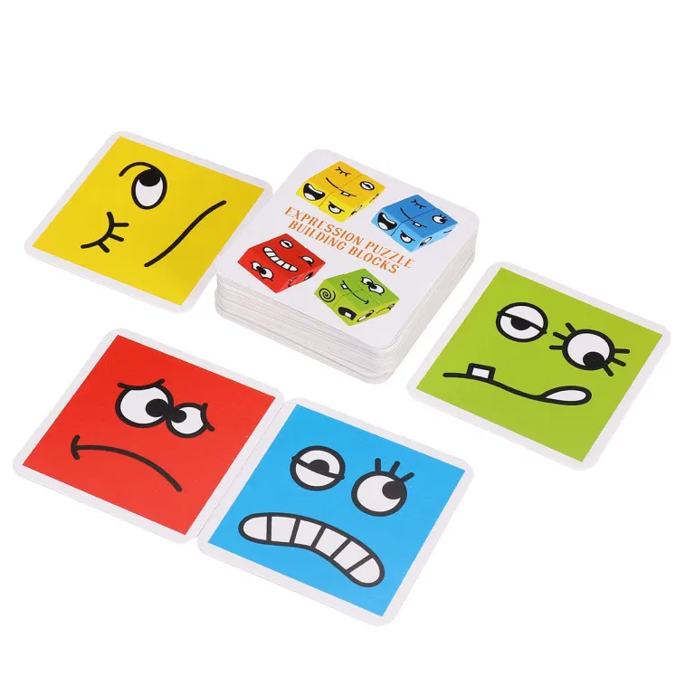 Puzzle Montessori din Lemn cu Emoții și Expresii Faciale, 12 Cuburi și 50 Carduri Provocare, 3+ ani [17]