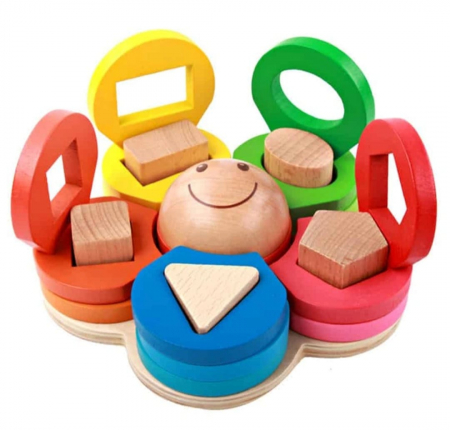 Jocuri educative din lemn - Sortator de tip Montessori, forme geometrice din lemn, Floare/Omida