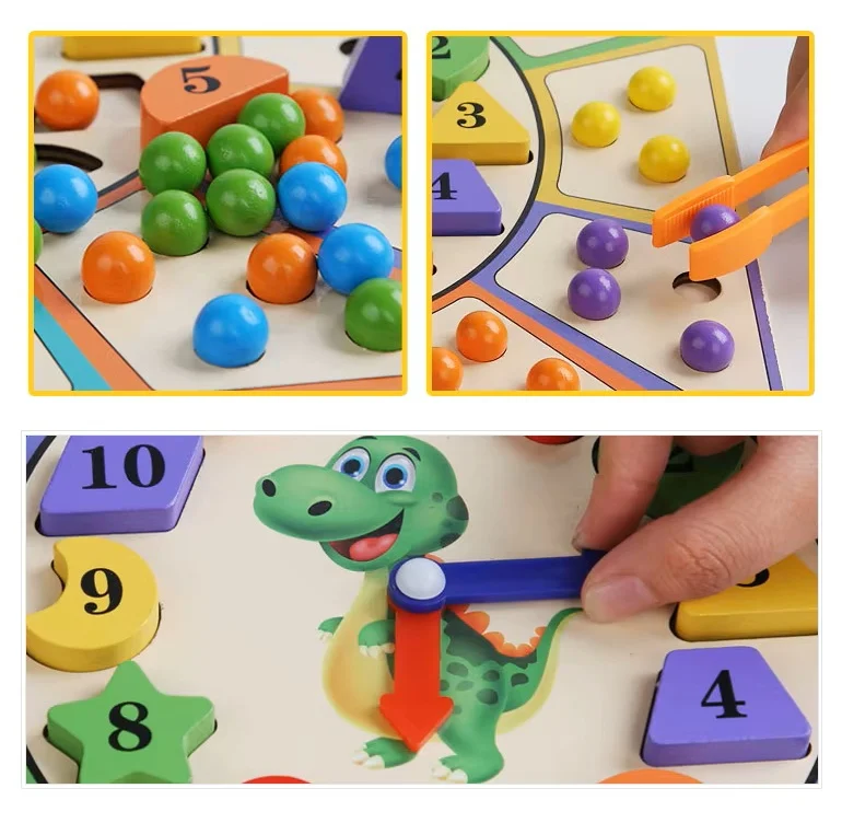 Joc Educativ Montessori Ceas Dinozaur din Lemn cu Sortare și Pensetă [5]