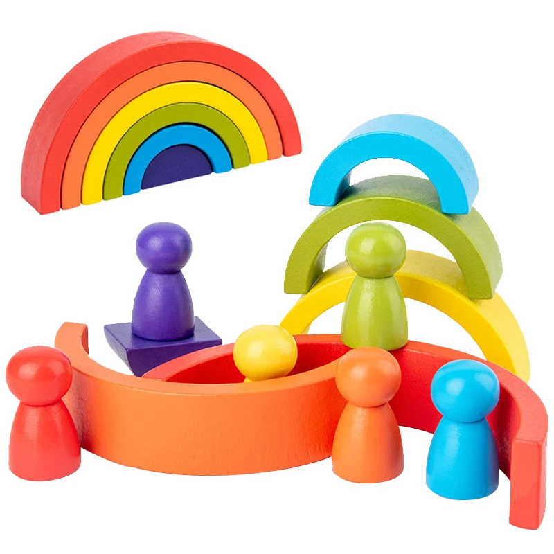 Jucărie Montessori Curcubeu din Lemn cu 6 Semicercuri și 6 Pioni Rainbow, Joc de Construcție și Stivuire, 3+ ani [13]