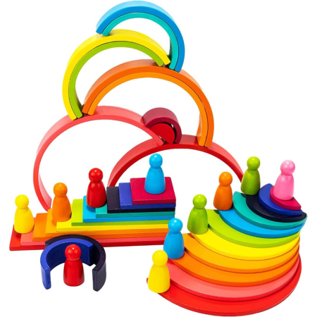 Jocuri Montessori multifunctionale - Set Montessori Rainbow 4 în 1 din Lemn – 45 Piese