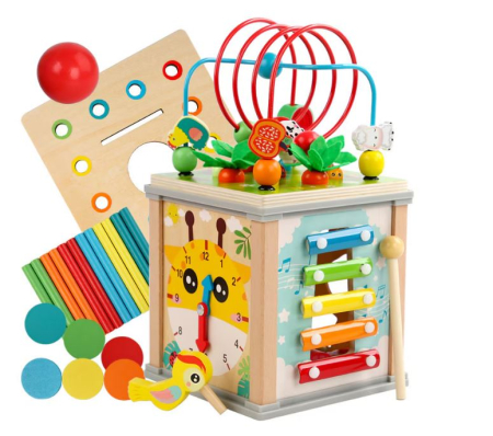 Jocuri Memorie si Asociere - Cub Educativ Montessori 10 în 1 din Lemn cu Xilofon