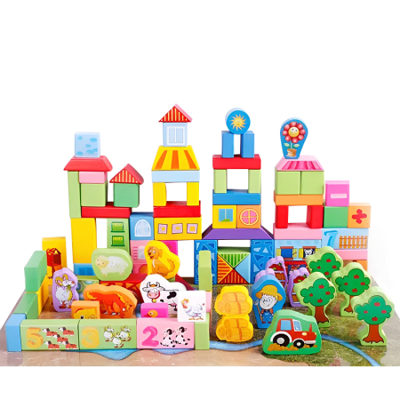 Set 100 Cuburi de Construcție din Lemn Ferma Animalelor Beilaluna [1]