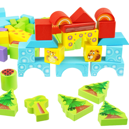 Set 100 Cuburi de Construcție din Lemn Beilaluna cu Animale Sălbatice, Joc Montessori Educativ, 3+ ani [4]