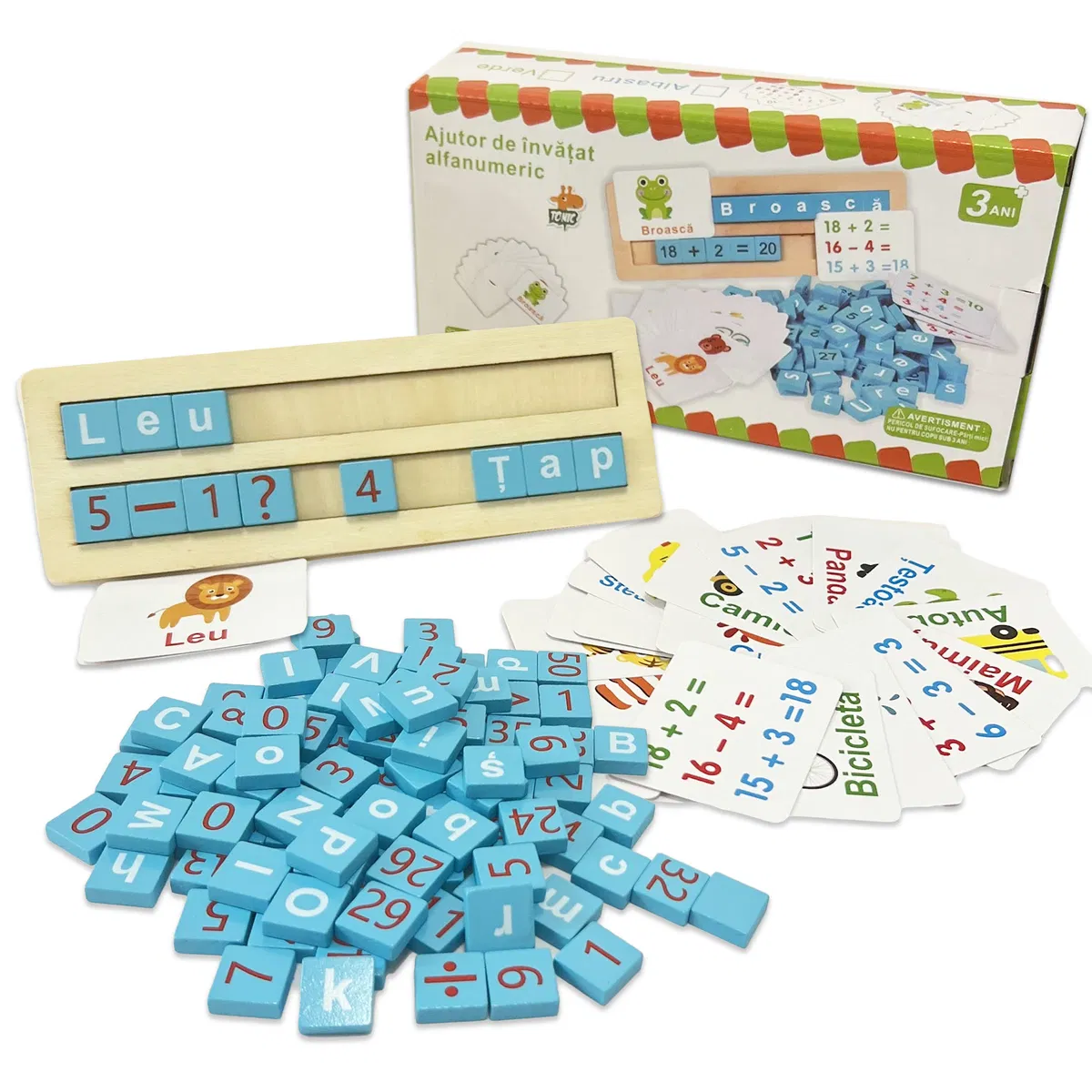 3 ani + - Joc Educativ Alfanumeric din Lemn în Limba Română cu 110 Piese, Litere, Cifre și Primele Operații Matematice, 3+ ani