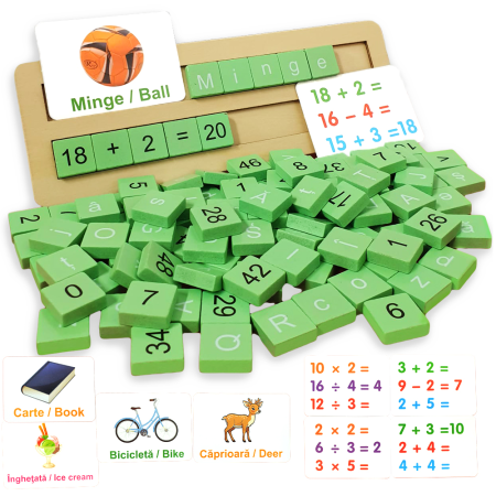 Joc Educativ Alfanumeric din Lemn în Limba Română cu 110 Piese, Litere, Cifre și Primele Operații Matematice, 3+ ani [1]