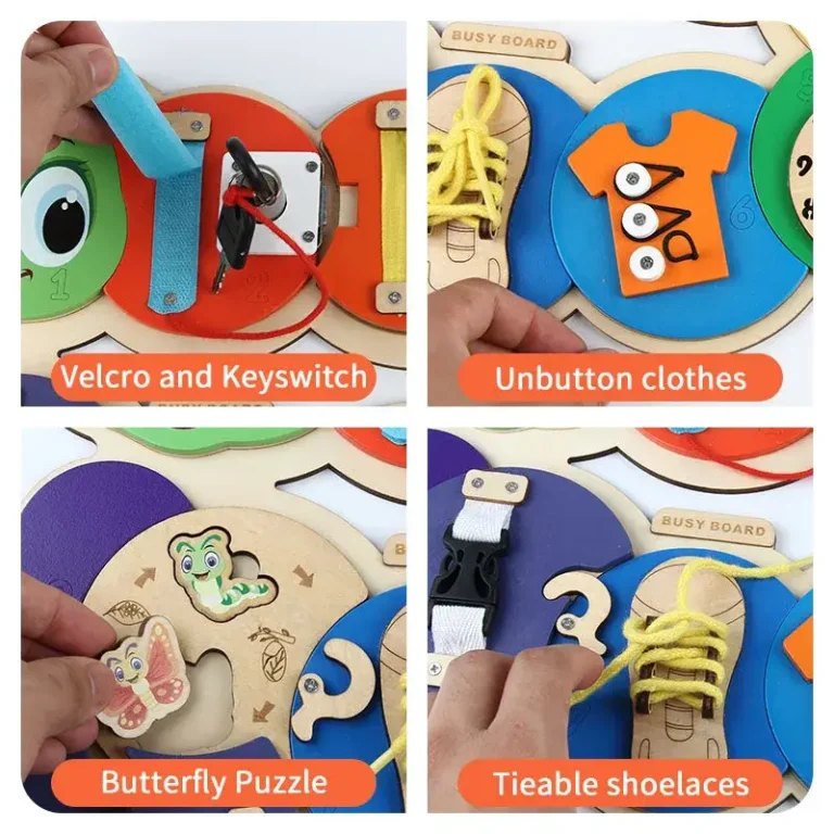 Placă Montessori Busy Board Omidă din Lemn cu 7 Activități – Încuietori, Fermoar, Șiret și Ceas, 3+ ani [9]
