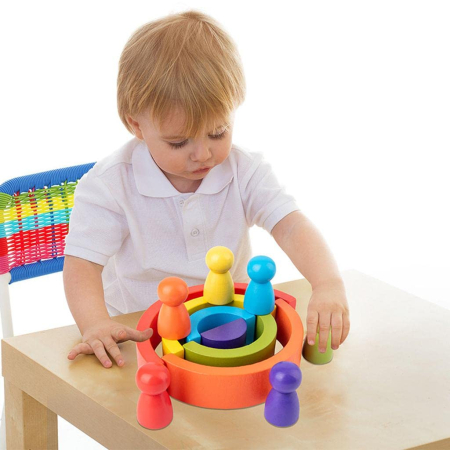 Jucărie Montessori Curcubeu din Lemn cu 6 Semicercuri și 6 Pioni Rainbow, Joc de Construcție și Stivuire, 3+ ani [7]