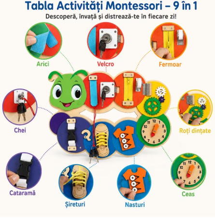 Placă Montessori Busy Board Omidă din Lemn cu 7 Activități – Încuietori, Fermoar, Șiret și Ceas, 3+ ani [1]