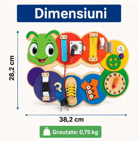 Placă Montessori Busy Board Omidă din Lemn cu 7 Activități – Încuietori, Fermoar, Șiret și Ceas, 3+ ani [4]