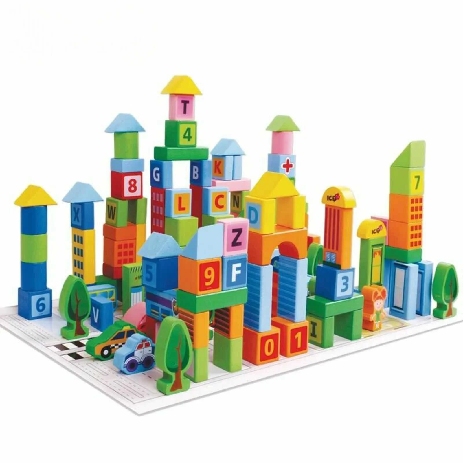 Set 100 Cuburi de Construcție din Lemn Beilaluna Urban Traffic cu Clădiri, Vehicule și Personaje, 3+ ani [8]