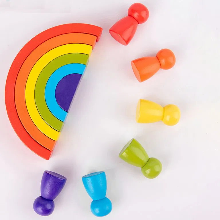 Jucărie Montessori Curcubeu din Lemn cu 6 Semicercuri și 6 Pioni Rainbow, Joc de Construcție și Stivuire, 3+ ani [12]