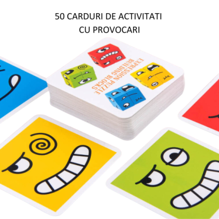 Puzzle Montessori din Lemn cu Emoții și Expresii Faciale, 12 Cuburi și 50 Carduri Provocare, 3+ ani [4]