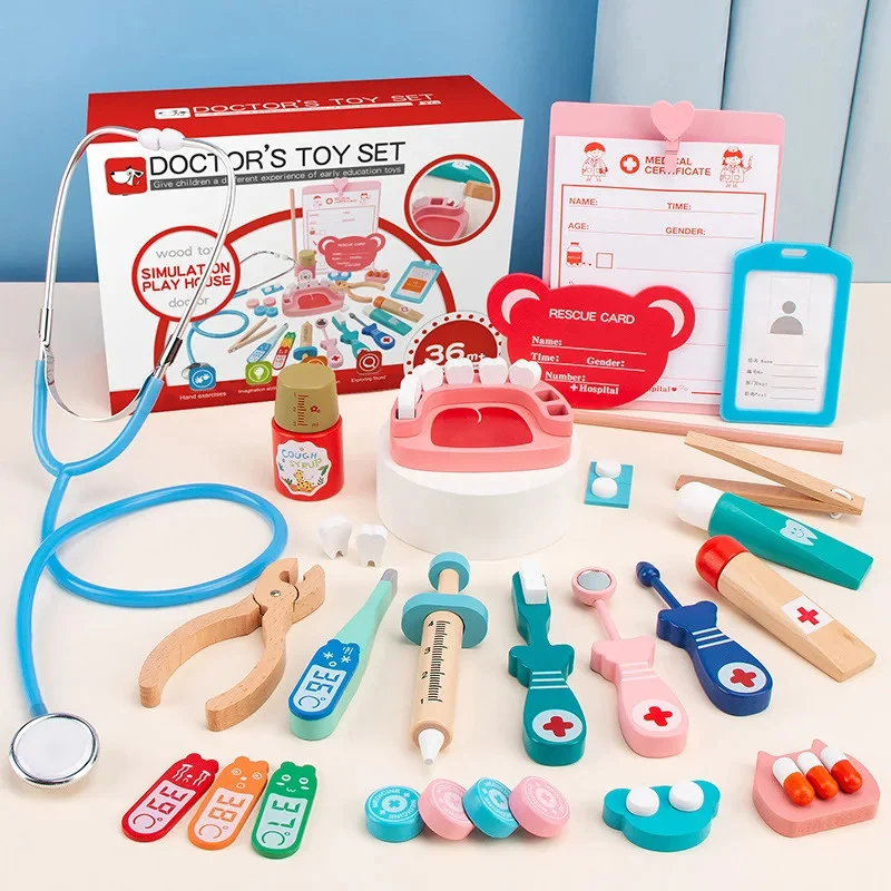 Jocuri de Rol - Trusă Doctor din Lemn pentru Copii cu Stetoscop și Accesorii Medicale