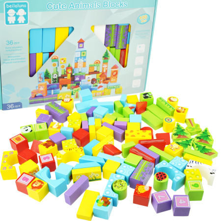 Set 100 Cuburi de Construcție din Lemn Beilaluna cu Animale Sălbatice, Joc Montessori Educativ, 3+ ani [1]