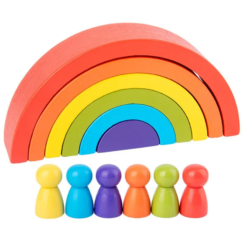 Jucărie Montessori Curcubeu din Lemn cu 6 Semicercuri și 6 Pioni Rainbow, Joc de Construcție și Stivuire, 3+ ani [8]