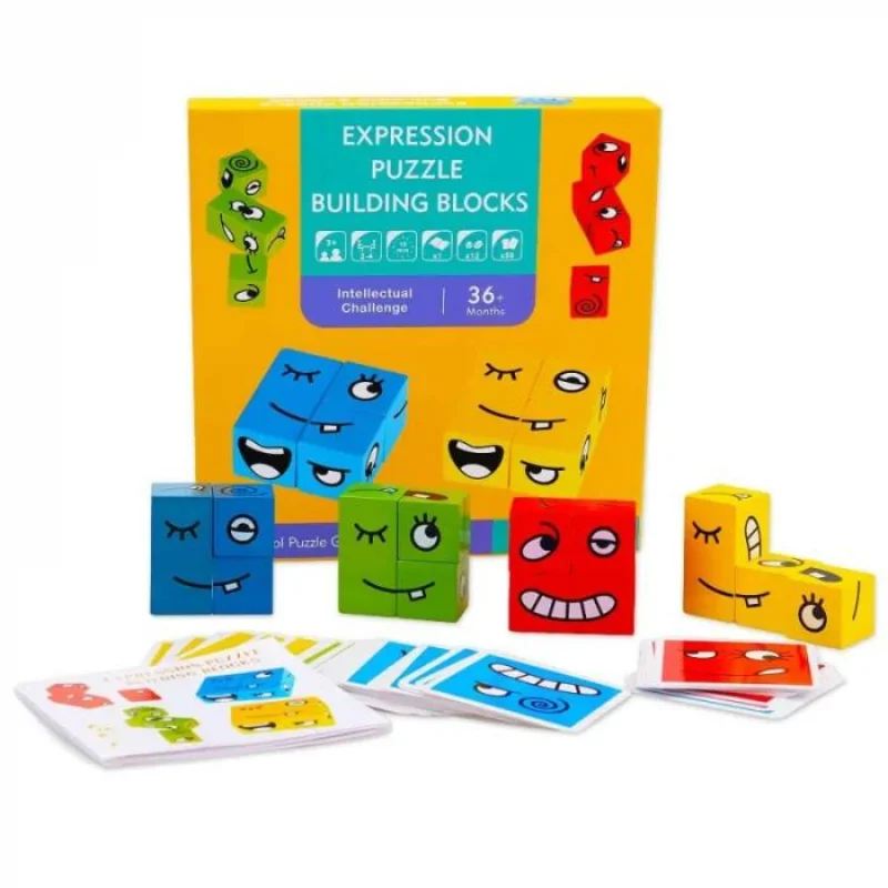 Puzzle Montessori din Lemn cu Emoții și Expresii Faciale, 12 Cuburi și 50 Carduri Provocare, 3+ ani [12]