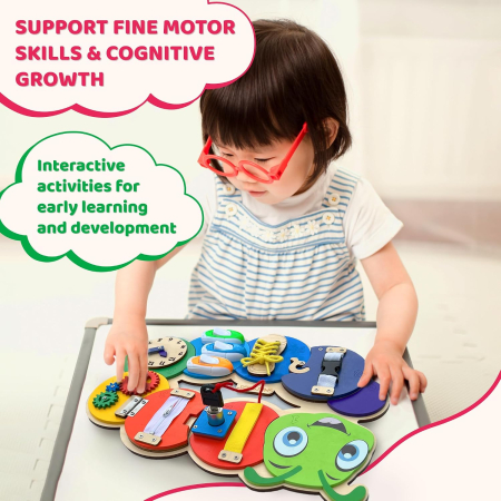 Placă Montessori Busy Board Omidă din Lemn cu 7 Activități – Încuietori, Fermoar, Șiret și Ceas, 3+ ani [19]