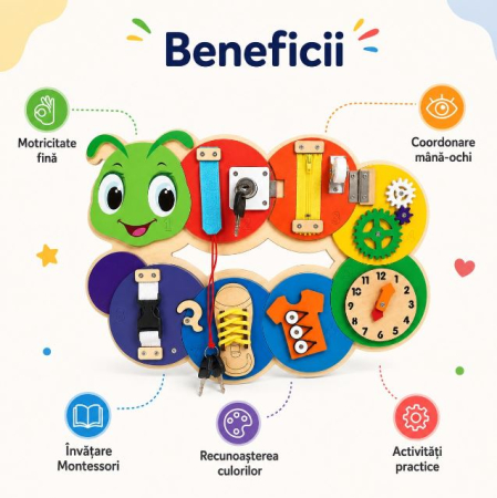 Placă Montessori Busy Board Omidă din Lemn cu 7 Activități – Încuietori, Fermoar, Șiret și Ceas, 3+ ani [5]