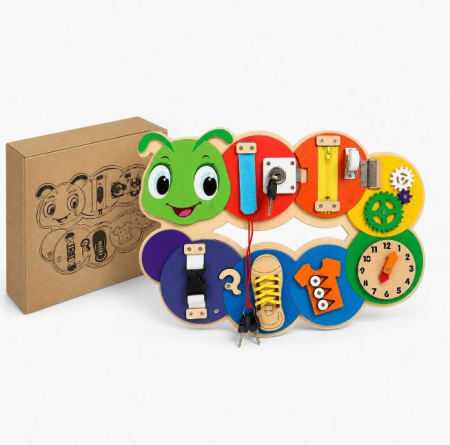 Placă Montessori Busy Board Omidă din Lemn cu 7 Activități – Încuietori, Fermoar, Șiret și Ceas, 3+ ani [7]