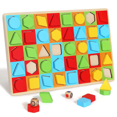 3 ani + - Joc Montessori Colorama din Lemn cu 40 Piese și Zaruri, Sortare Forme și Culori, 3+ ani